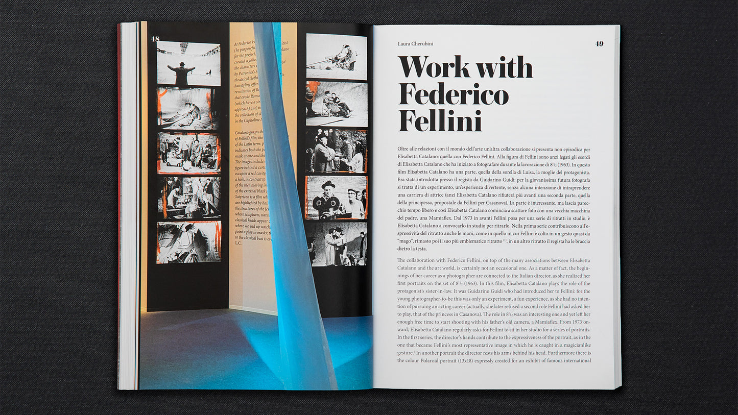 Open book showing a page with text 'Work with Federico Fellini' and a collage of images on a black background.