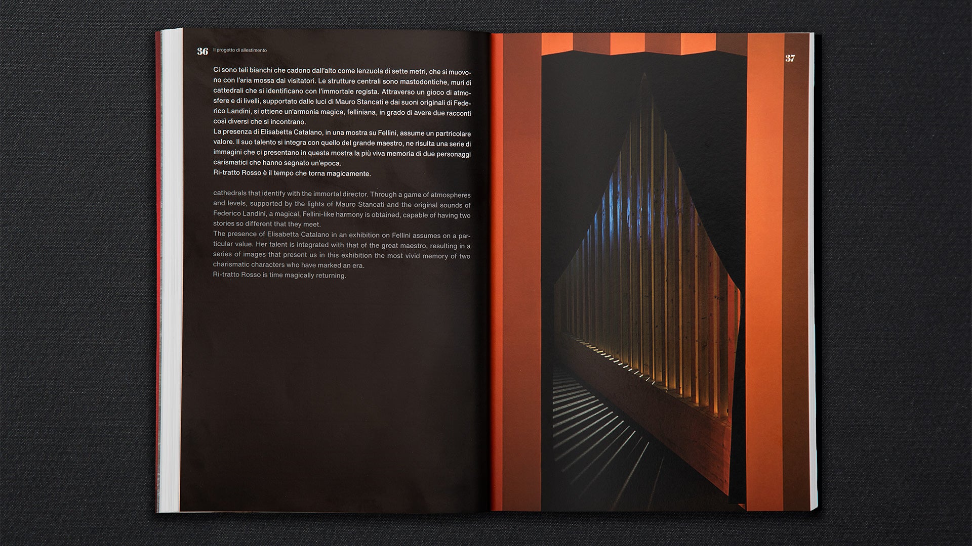 Open book showing a page with text and an image of a modern architectural structure.